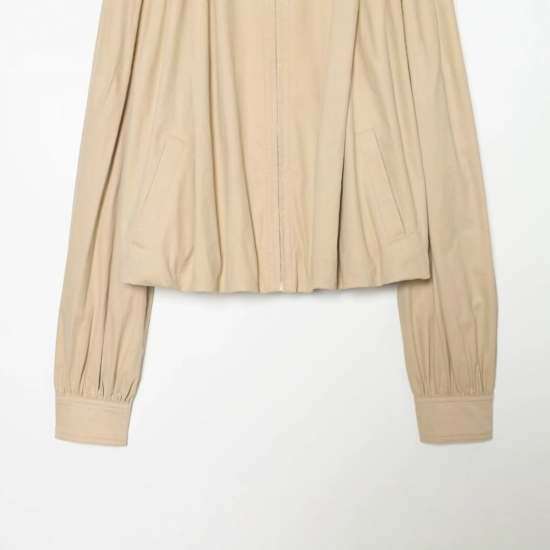 Women’s Lightweight Cropped Jacket with Gathered Shoulders, Stand Collar and Zipper Mune Fashion