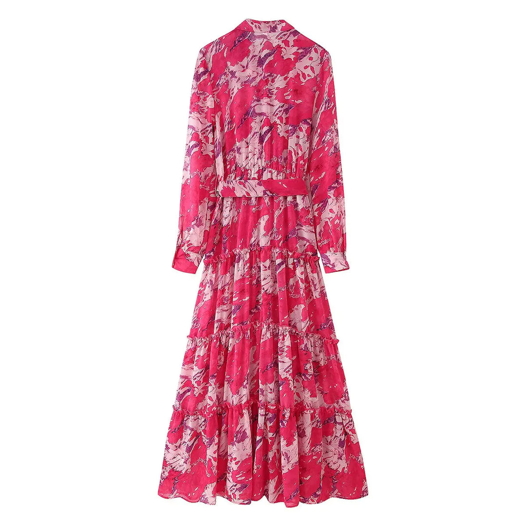 Women's long tiered maxi dress with full-length button placket, waist belt, shirt collar, and ruffled tiers Mune Fashion
