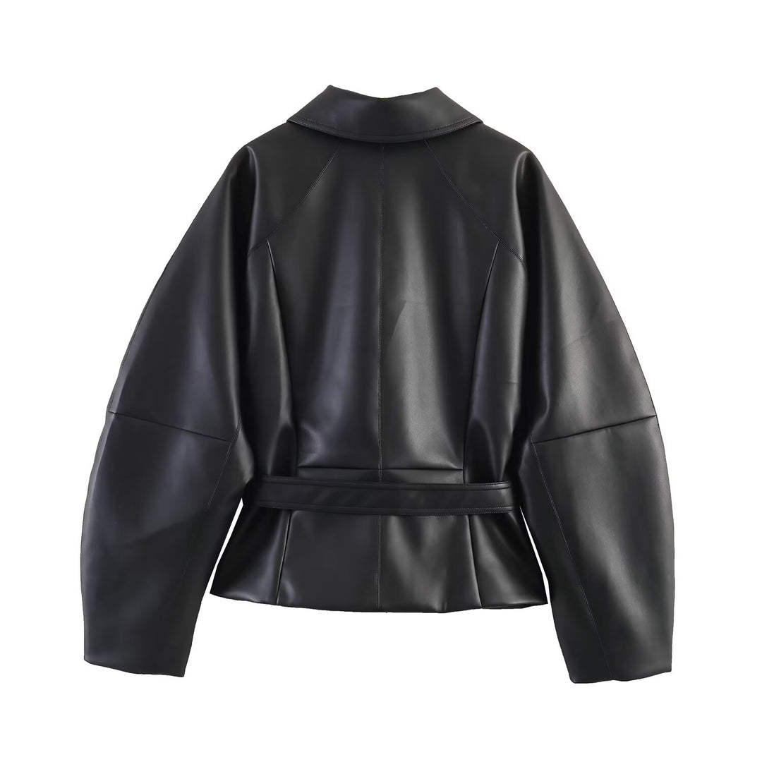 Women's Tailored Vegan Leather Wrap Jacket with Tunnel Drawstring Belt and Oversized Sleeves Mune Fashion