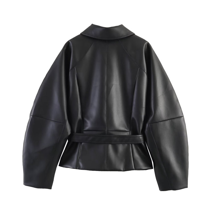 Women's Tailored Vegan Leather Wrap Jacket with Tunnel Drawstring Belt and Oversized Sleeves Mune Fashion