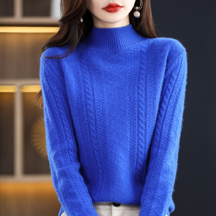 Women's Soft Mohair-Look Mockneck Sweater with Cable Pattern and Fine Ribbed Collar Mune Fashion