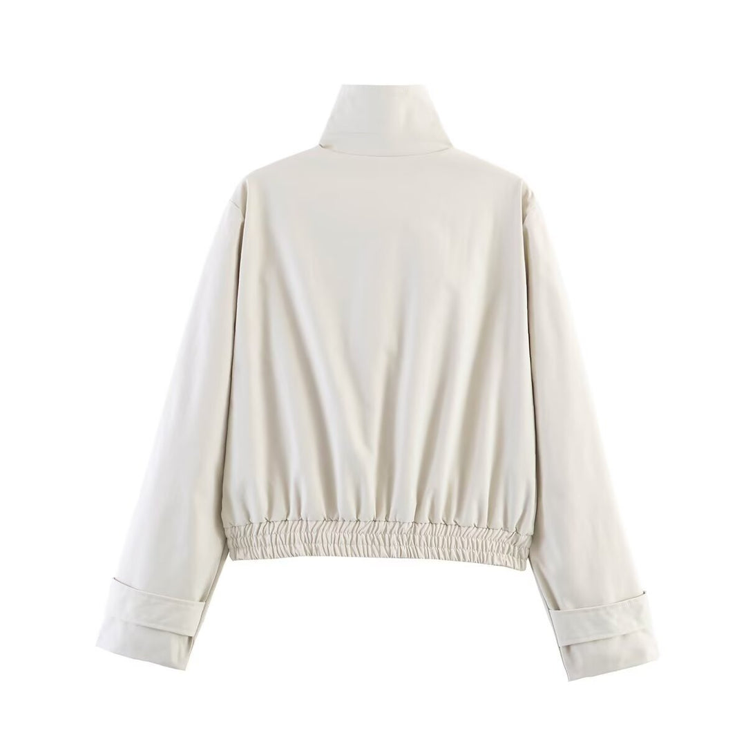 Women's Cropped Boxy Transitional Jacket with Stand Collar, Snap Button Closure and Elastic Waist Mune Fashion