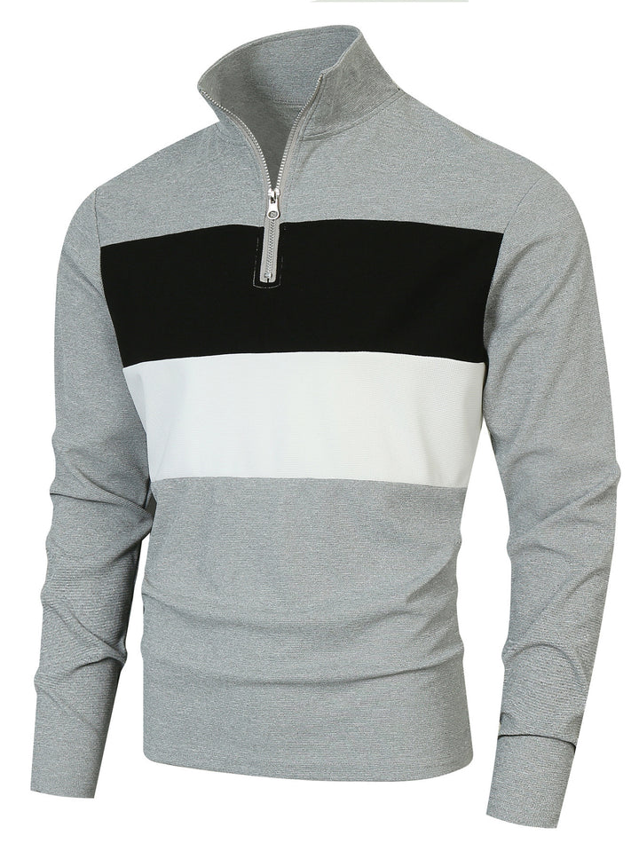 Men's half-zip pullover with stand-up collar, wide block stripe, and finely ribbed texture Mune Fashion