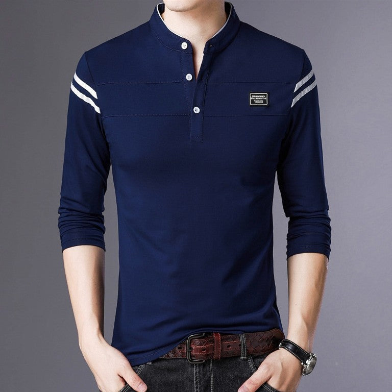 Men's Slim-Fit Long Sleeve Henley with Stand Collar and Shoulder Stripes Mune Fashion