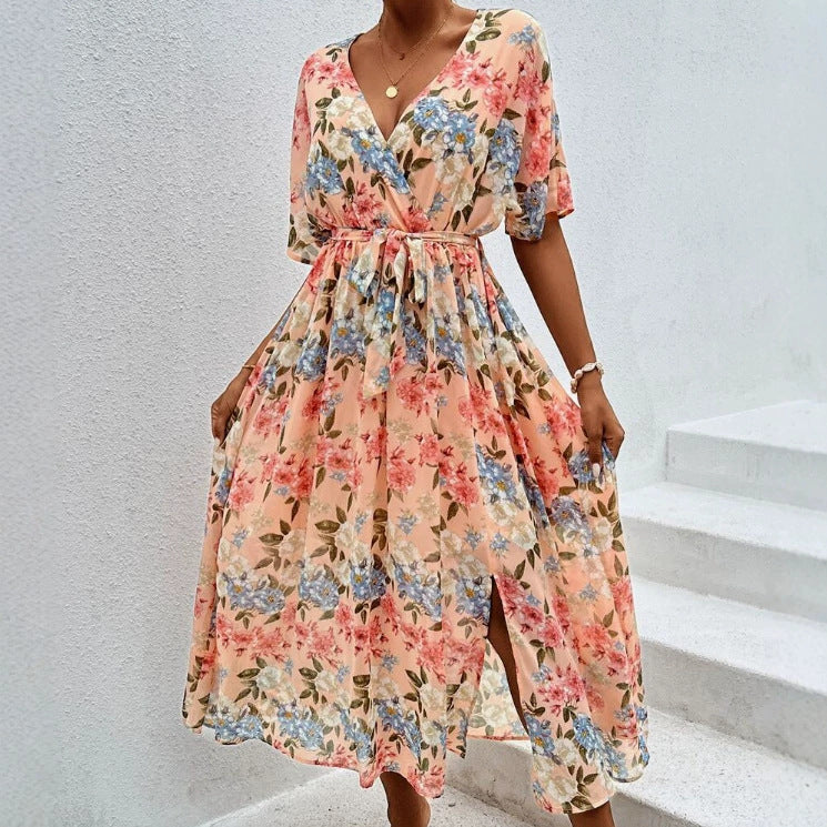 Women's floral V-neck tie dress with fitted belt and side leg slit Mune Fashion