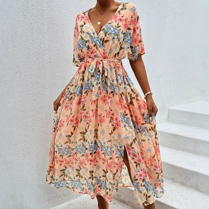 Women's floral V-neck tie dress with fitted belt and side leg slit Mune Fashion