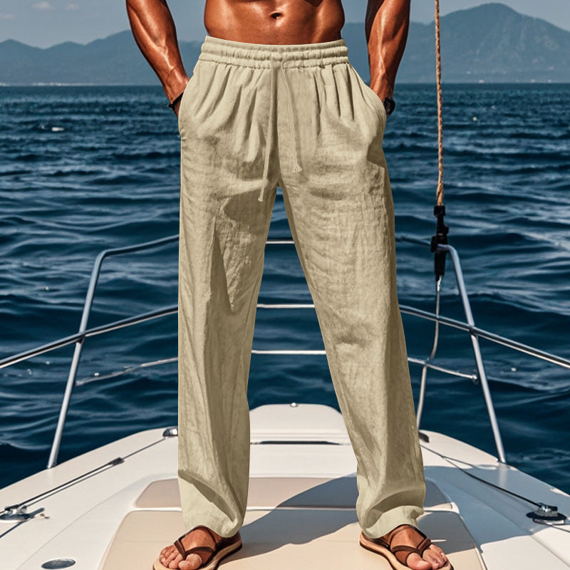 Men's nan maritime casual linen pants with wide leg elastic drawstring and pleats Mune Fashion