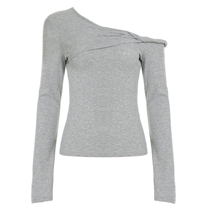 Women's asymmetrical rib long sleeve shirt with one-shoulder design and decorative knot gathering Mune Fashion