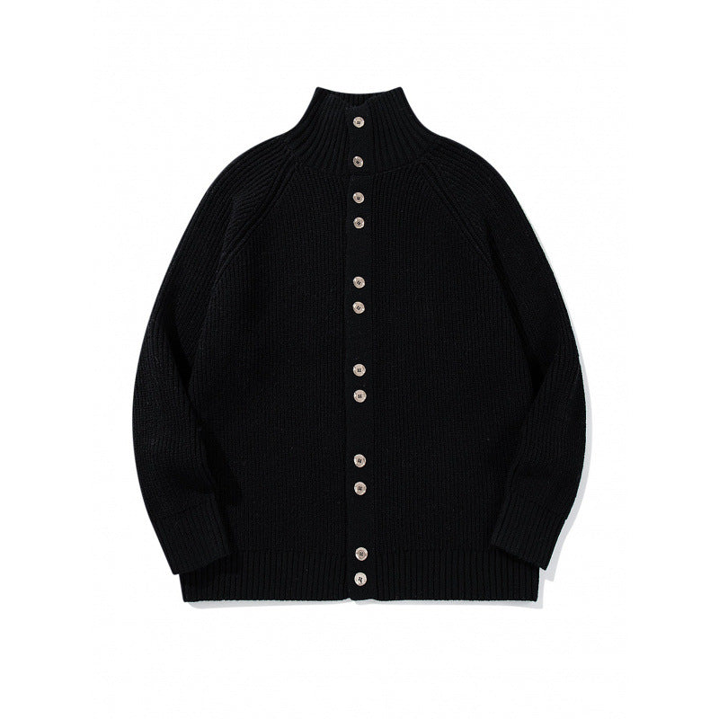 Men's chunky knit button cardigan with high roll collar and raglan sleeves Mune Fashion
