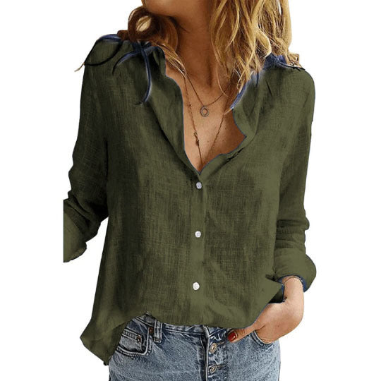 Women's loose linen blouse with star print V-neck buttoned front Mune Fashion