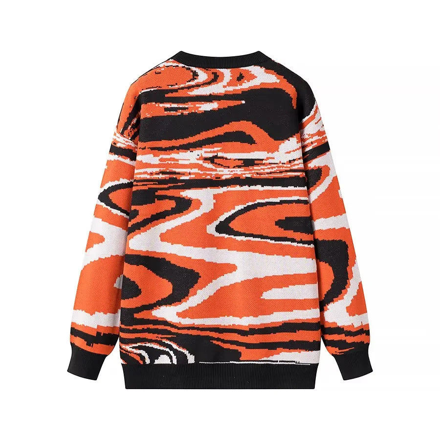 Unisex loosely cut knitted sweater with abstract wave pattern and round neckline Mune Fashion
