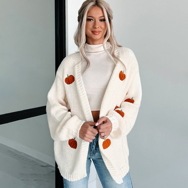Women Cozy Oversized Knit Cardigan with Pumpkin Embroidery Mune Fashion