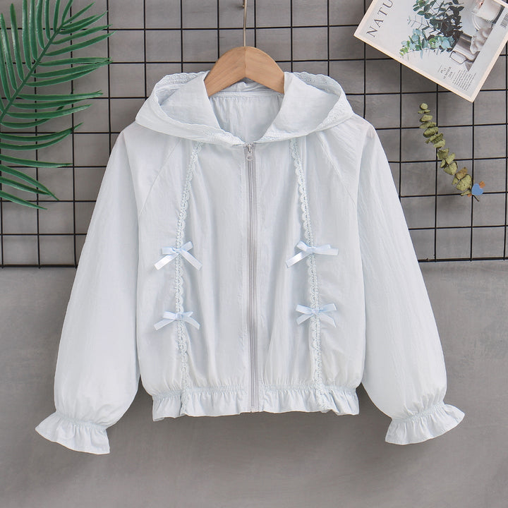 Women’s romantic hooded jacket with lace decor, decorative bows and gathered hem Mune Fashion