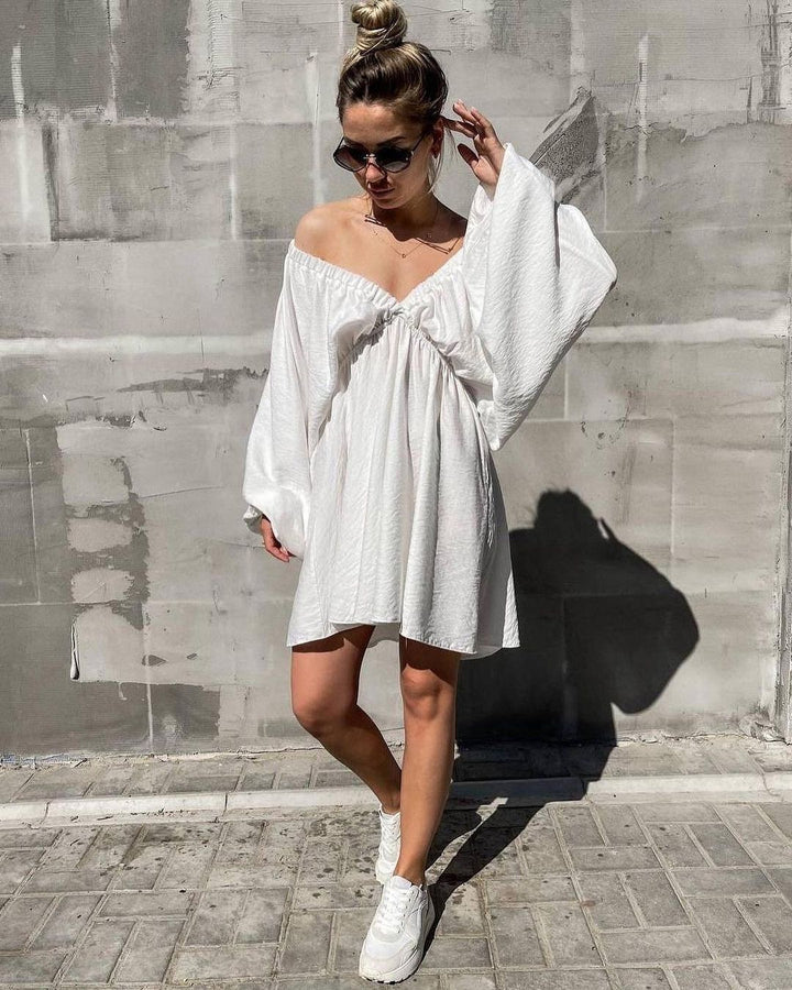 Women Loose Mini Dress with Deep V-Neck and Balloon Sleeves Mune Fashion