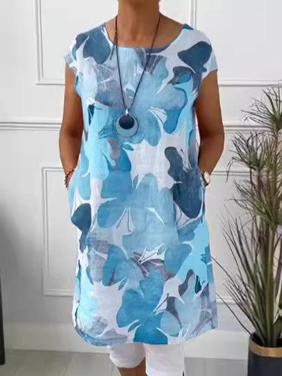 Ladies' airy tunic midi dress made of linen blend with watercolor flower print and side pockets Mune Fashion
