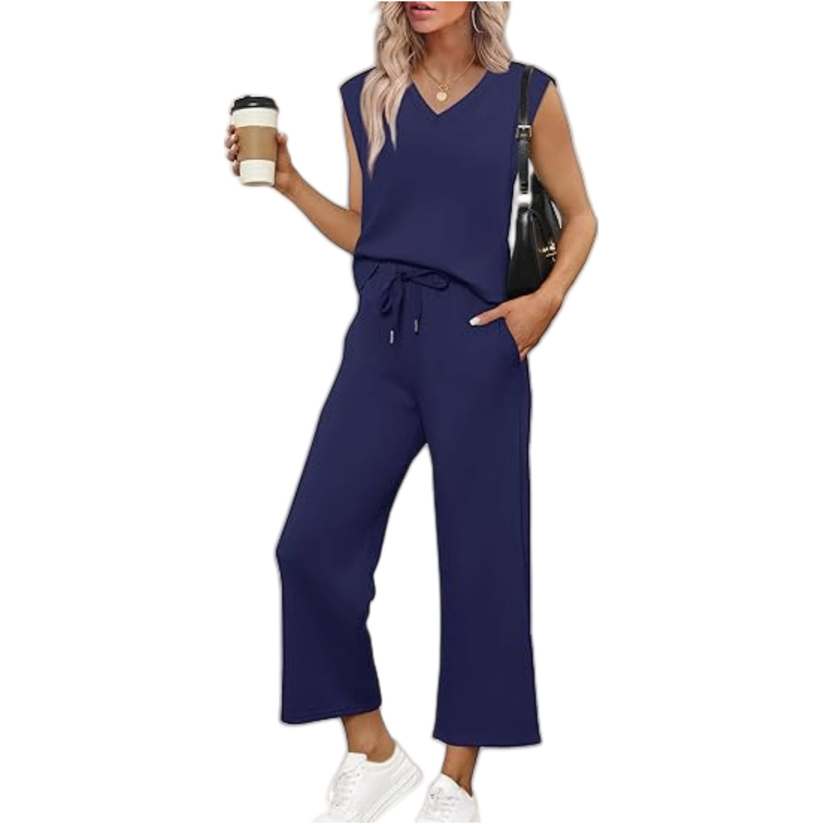 Women Casual Two-Piece Lounge Set with Sleeveless V-Neck Top and Wide Drawstring Pants Mune Fashion