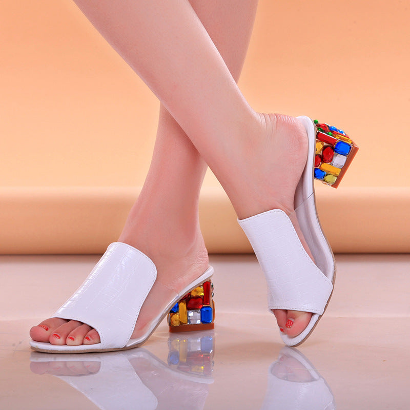 Women's embossed mule with open toe and faceted gemstones on the block heel Mune Fashion