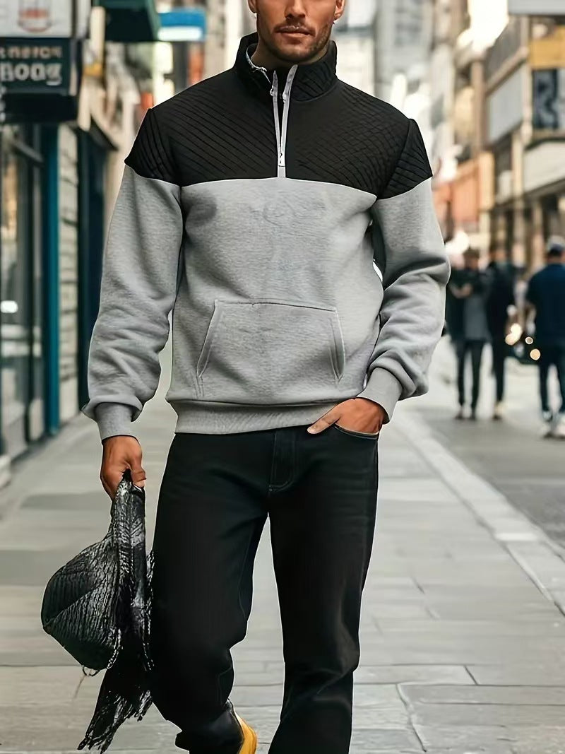 Men's Half-zip Sweatshirt with Quilted Shoulder Panel and Kangaroo Pocket Mune Fashion