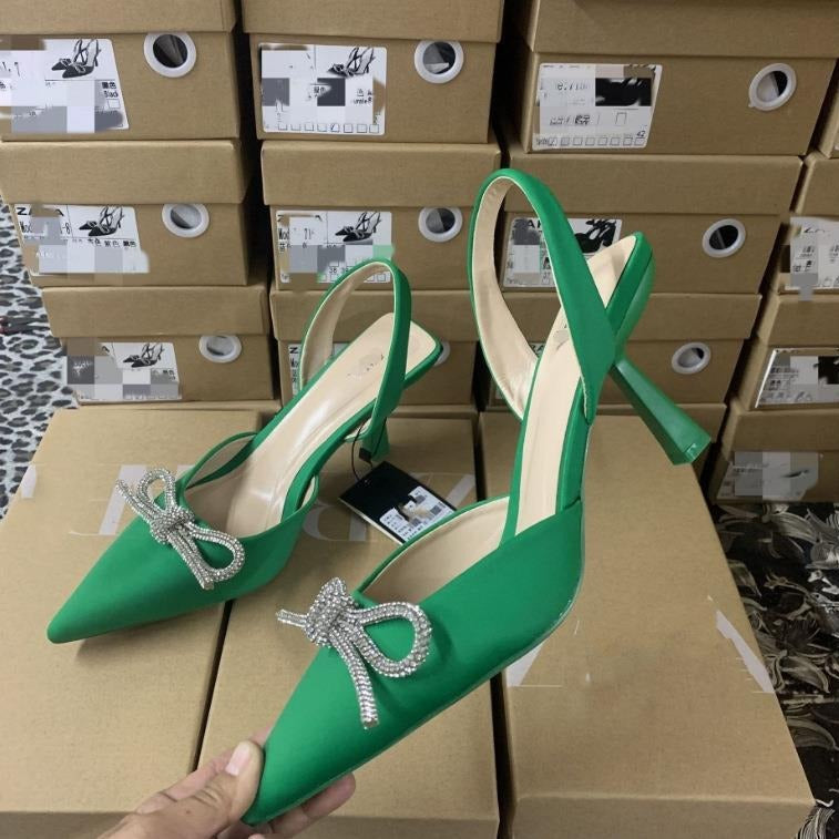 Women elegant Slingback pumps with pointed toe cap and sparkling rhinestone bow Mune Fashion