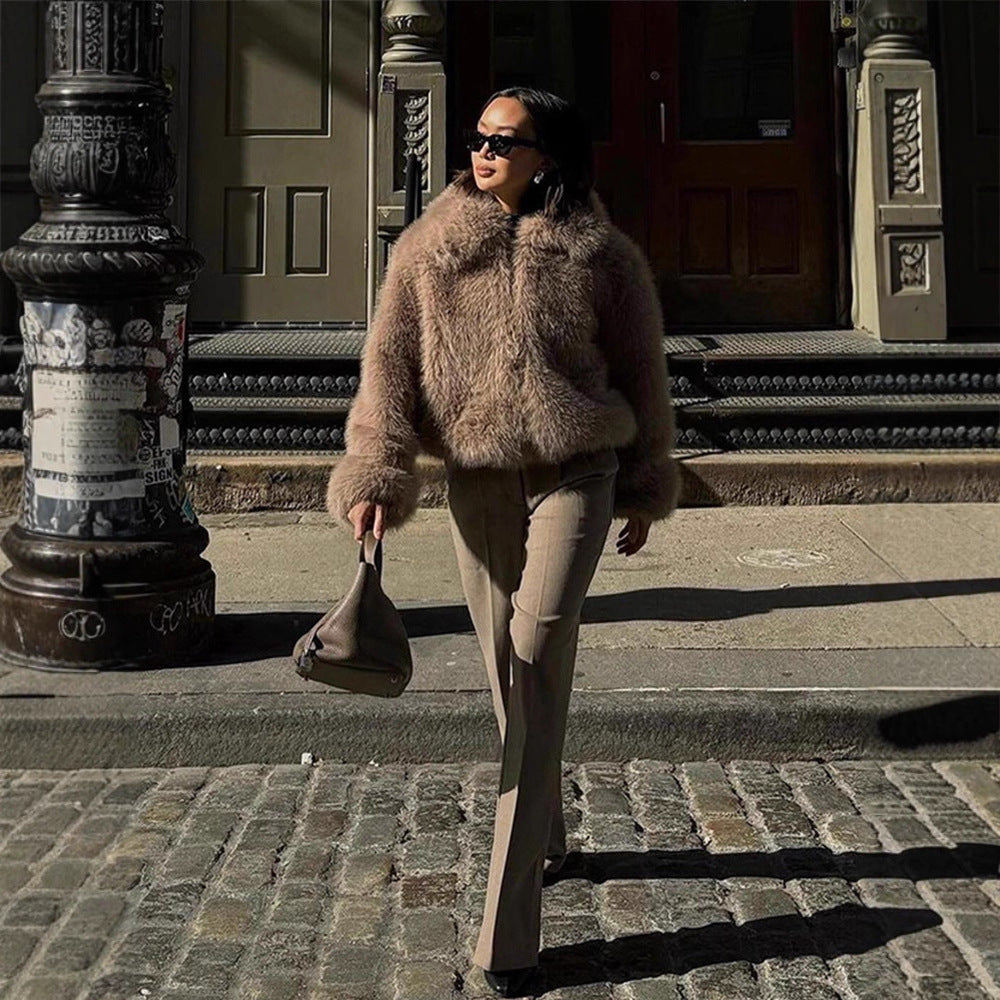 Women Short Boxy Faux Fur Blouson with Voluminous Shawl Collar and Lined Interior Mune Fashion
