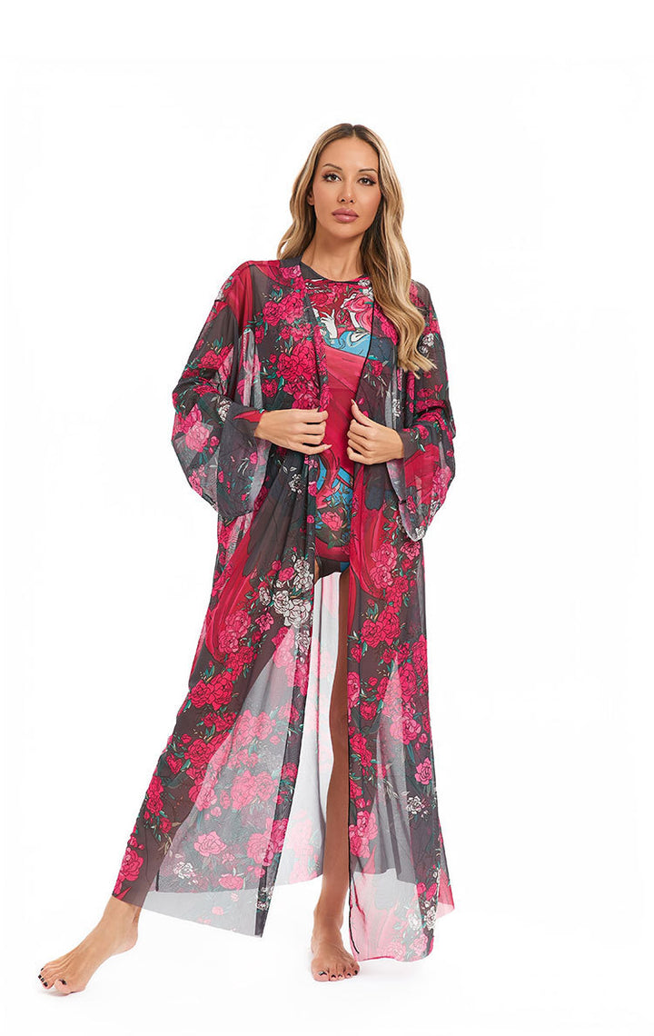 Women's Elegant Transparent Beach Kimono with Floral Design Mune Fashion