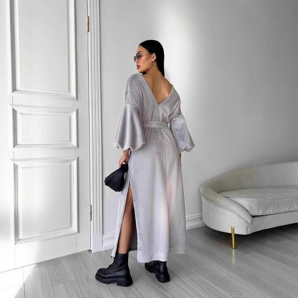 Women's Cozy Midi Dress with Tied Belt and Balloon Sleeves Mune Fashion