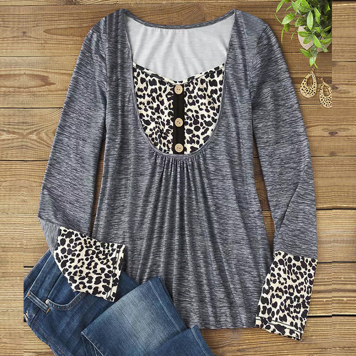 Women's long-sleeve shirt with leopard insert, gathered waistband and button placket Mune Fashion