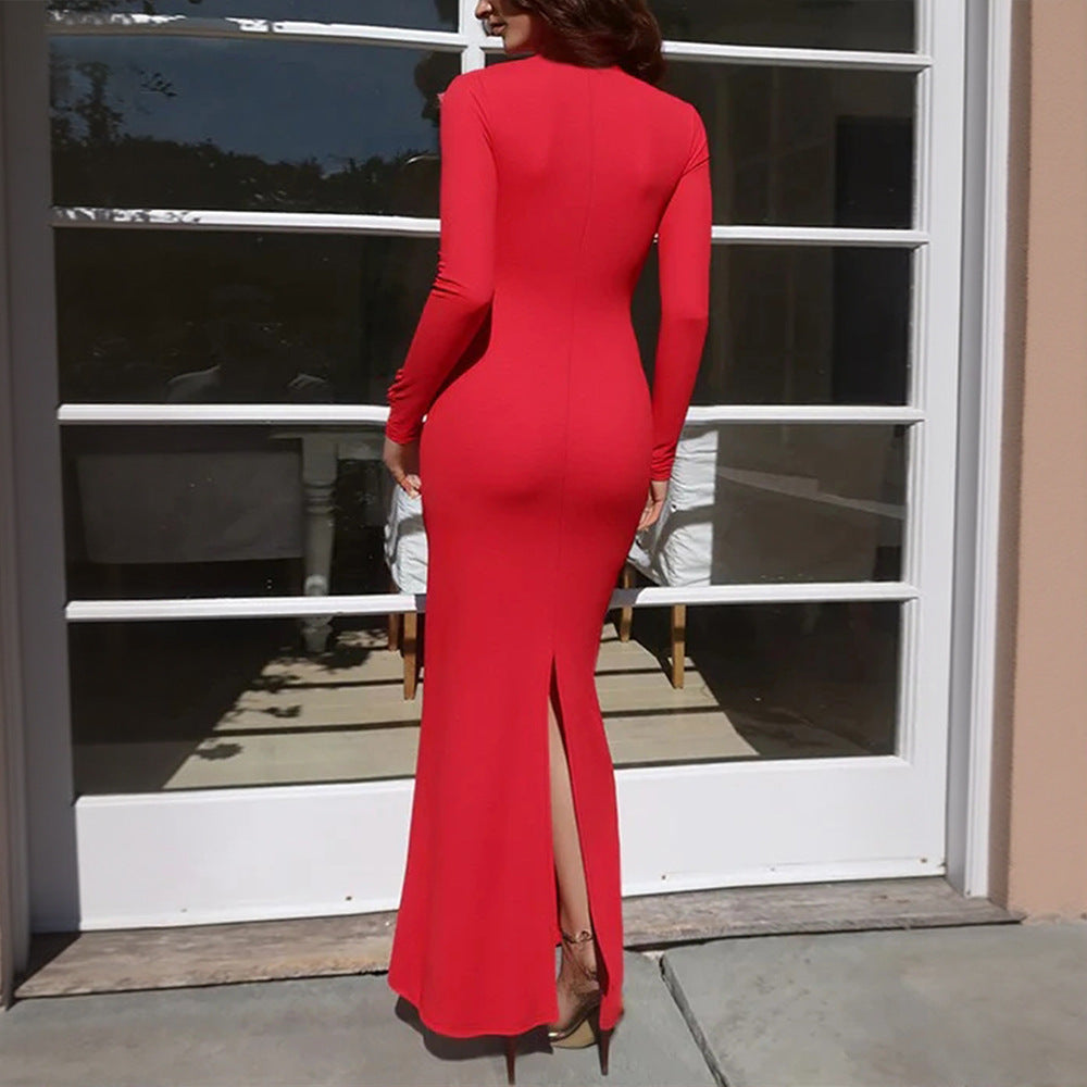 Women's figure-hugging maxi dress with lace bustier, deep V-neck, and tailored empire seam.