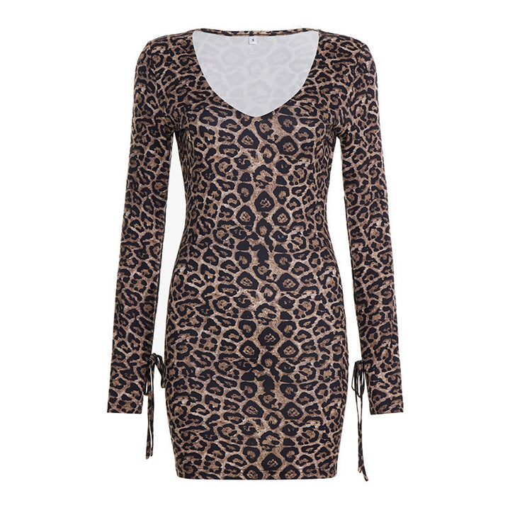 Women's Fitted Leopard Print Mini Dress with Deep V-Neck, Long Sleeves and Drawstrings Mune Fashion
