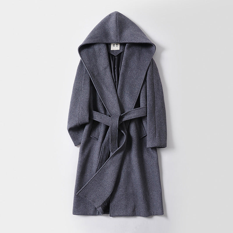 Women's Maxi Length Hooded Coat made of Wool Blend with Tying Belt and Soft Lining Mune Fashion