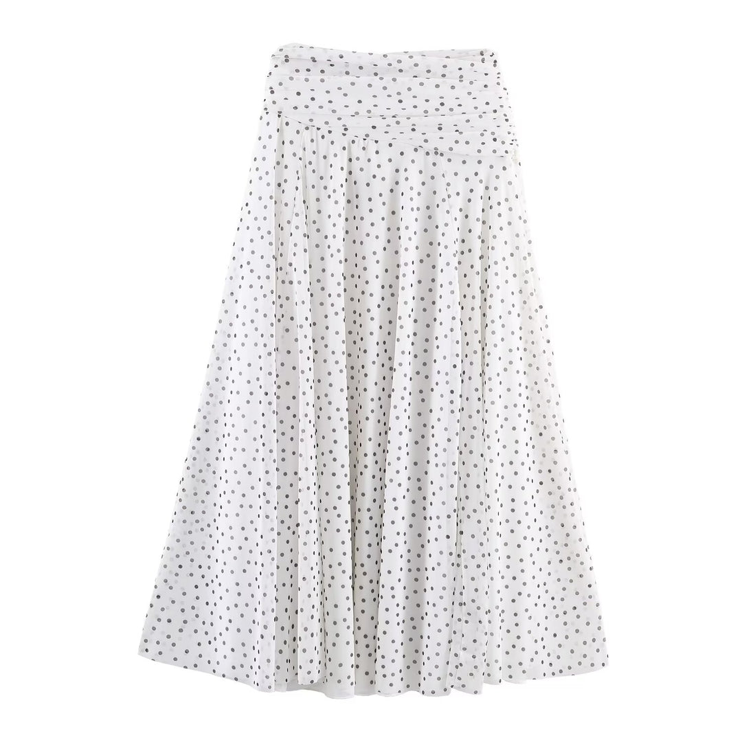 Women's Polka-Dot Midi Skirt with High Waist, A-Line and Layered Chiffon Mune Fashion