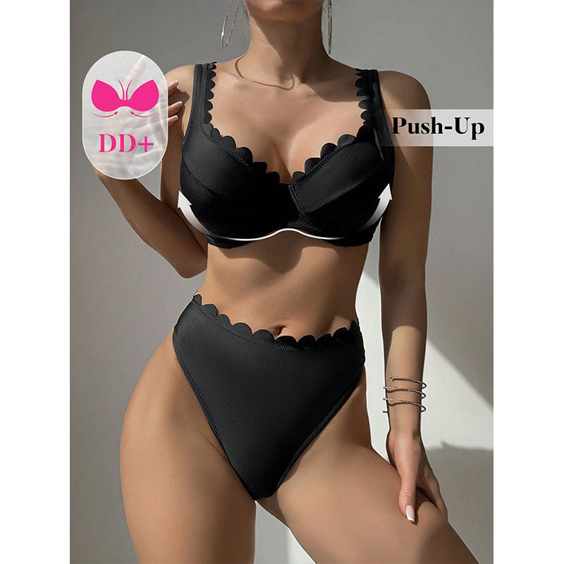 Ladies High-Cut Bikini Set with Decorative Wave Edge Mune Fashion