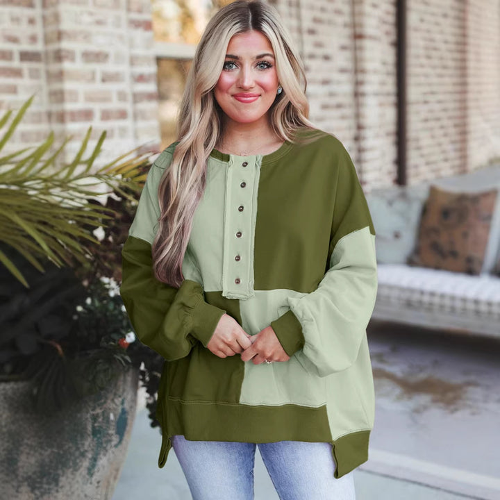 Women's Oversized Long Sleeve Sweatshirt in Colorblock with Henley Button Placket and Balloon Sleeves Mune Fashion