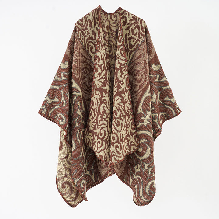 Women's Ornamental Jacquard Cape Poncho with Open Fall and Boxy Silhouette Mune Fashion