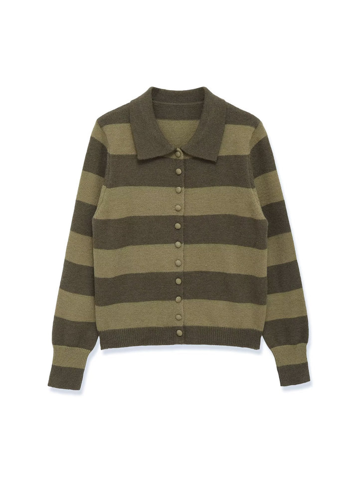 Women's Striped Cardigan with Polo Collar and Button Placket Mune Fashion