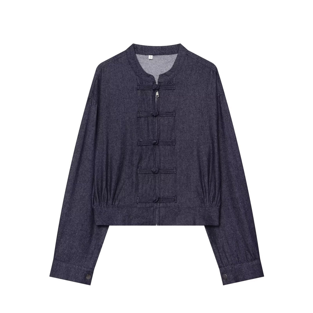 Women's Cropped Jeans Jacket in China Style with Mandarin Collars and Knot Closures Mune Fashion
