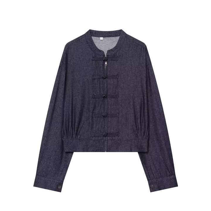 Women's Cropped Jeans Jacket in China Style with Mandarin Collars and Knot Closures Mune Fashion