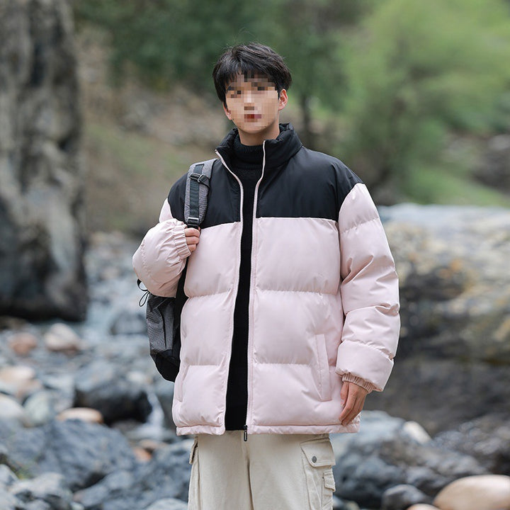 Men's Oversized Quilted Jacket with Colorblock Shoulder, High Stand Collar & Windproof Padding Mune Fashion