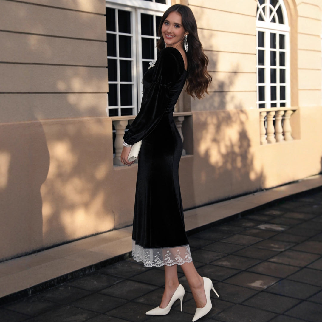 Ladies Velvet Midi Dress with Square Neckline, Puff Sleeves and Lace Underlay Mune Fashion