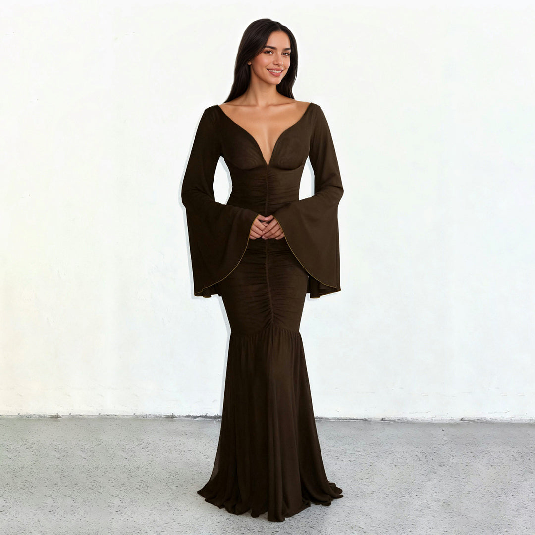 Women’s gathered maxi dress with V-neck, trumpet sleeves, and tiered ruffle Mune Fashion