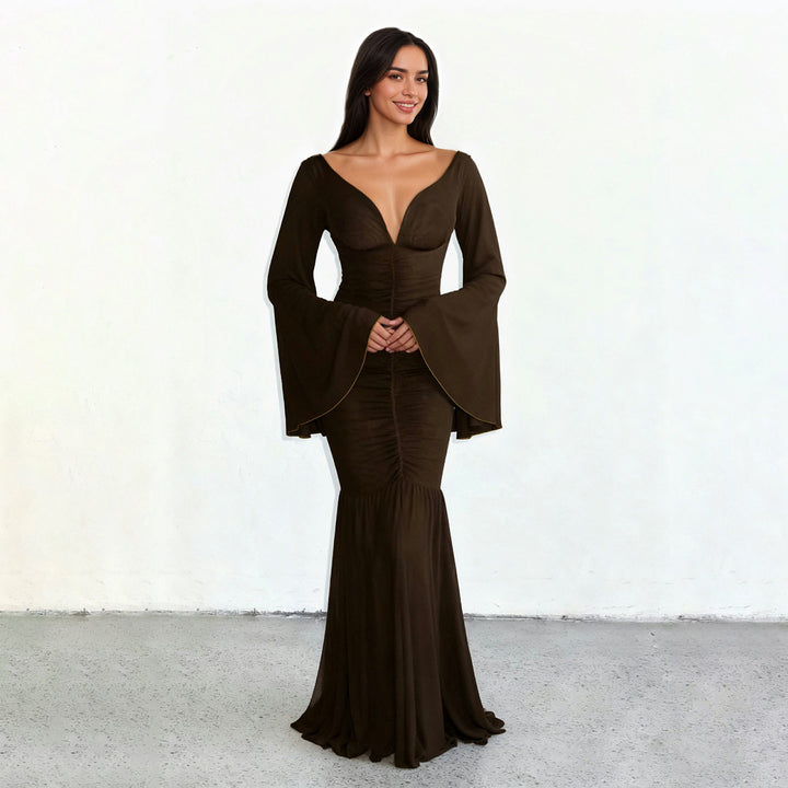 Women’s gathered maxi dress with V-neck, trumpet sleeves, and tiered ruffle Mune Fashion