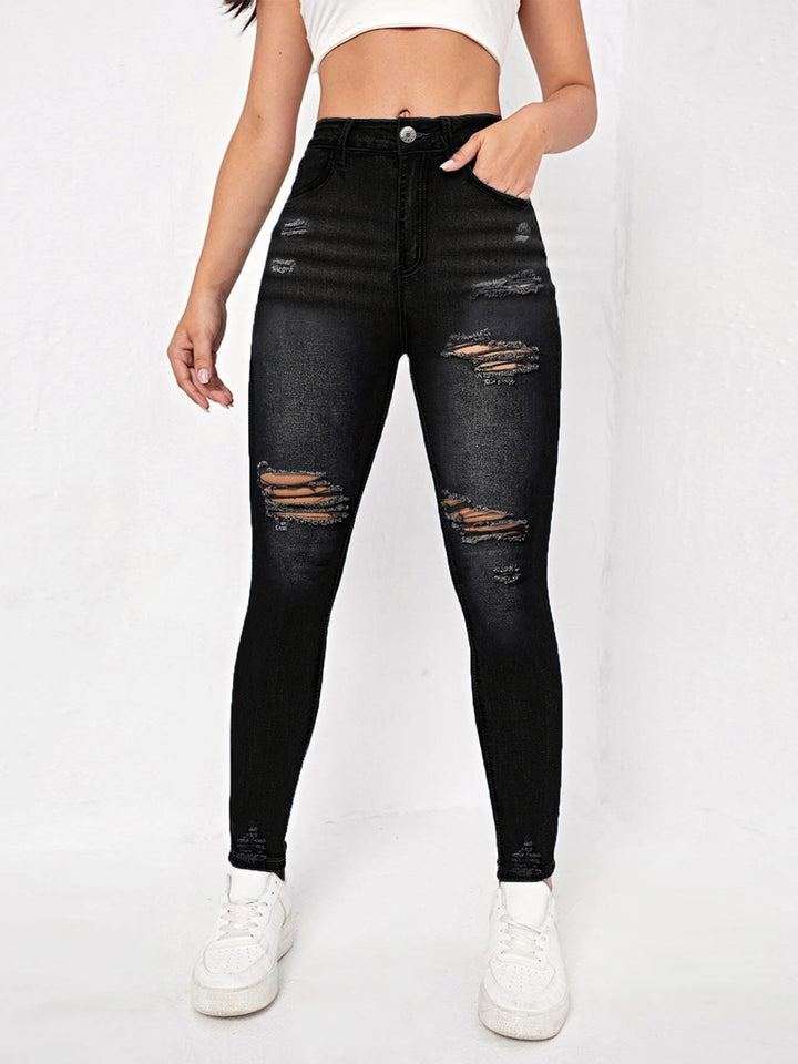 Women high-waisted Sculpting Skinny Jeans with targeted rips and shaping comfort waistband Mune Fashion