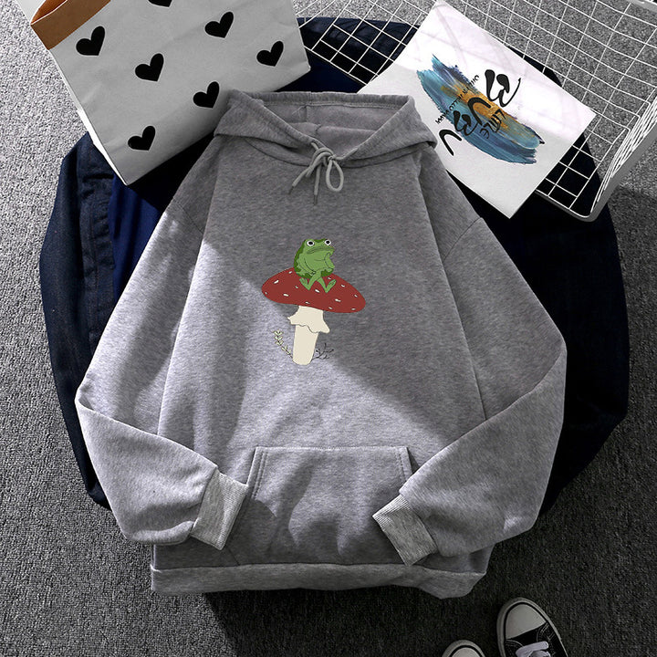Women's oversized hoodie with kangaroo pocket and frog mushroom print Mune Fashion