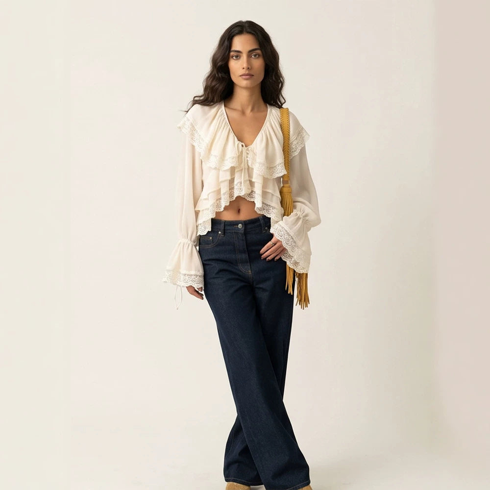 Women's Ruffled Lace Crop Top Blouse with Ruffles and V-Neck Mune Fashion