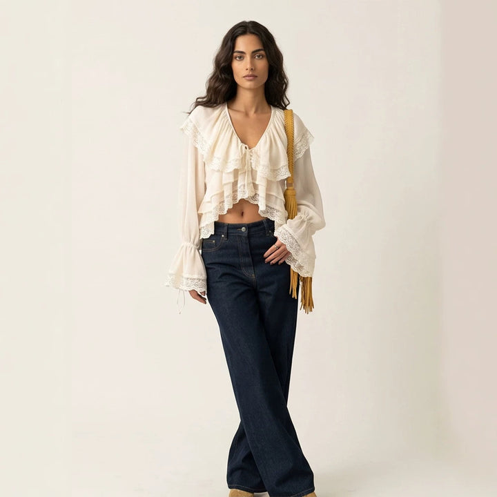 Women's Ruffled Lace Crop Top Blouse with Ruffles and V-Neck Mune Fashion