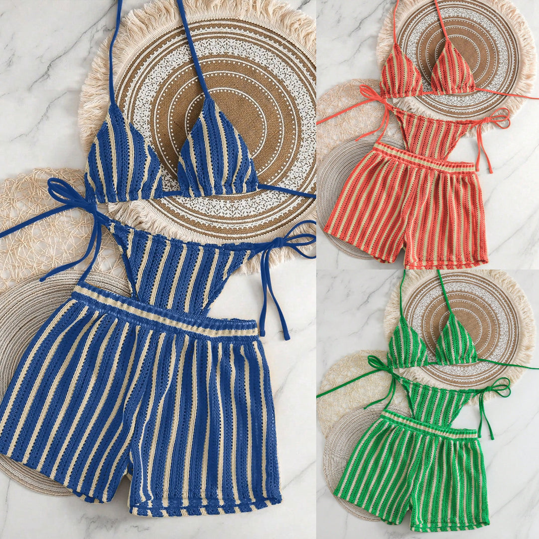 Women's bikini set with striped design and casual shorts Mune Fashion