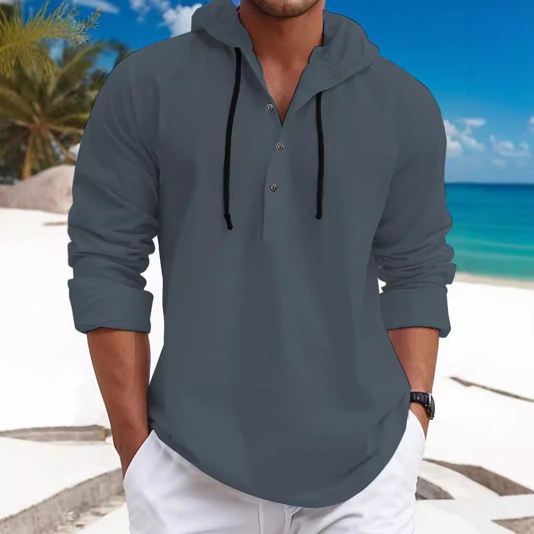 Men's summer hoodie henley with hidden button placket, drawstring and rounded hem Mune Fashion
