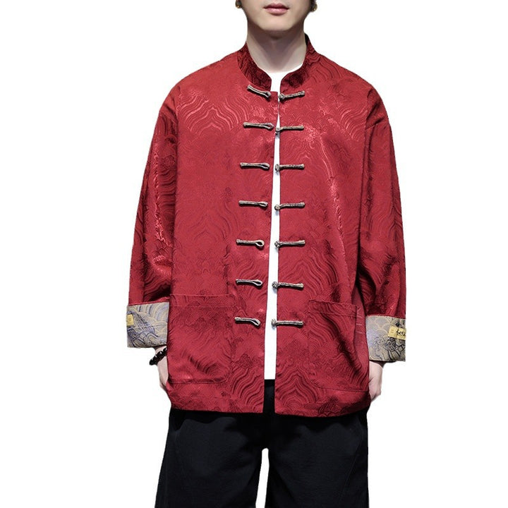 Men's traditional Tang jacket with Chinese knot closure and brocade sleeves Mune Fashion