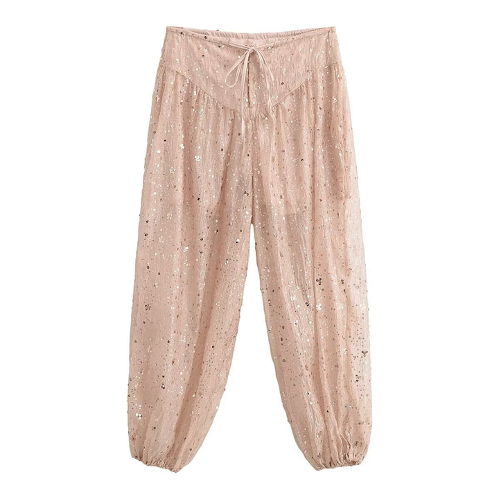 Women's loosely cut harem pants with sequin trim and drawstring Mune Fashion