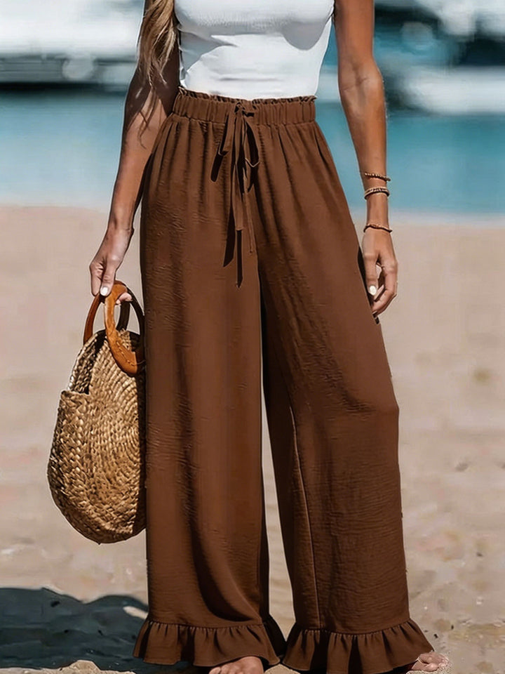 Ladies Lightweight Linen Pants with Wide Leg and Elastic Waistband Mune Fashion